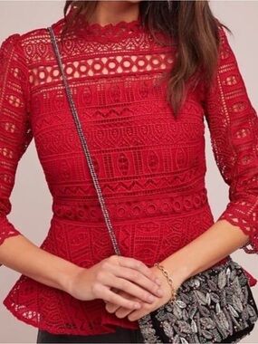 Anthropologie Moulinette Soeurs Tamara Red Lace eyelet Peplum Blouse Top
